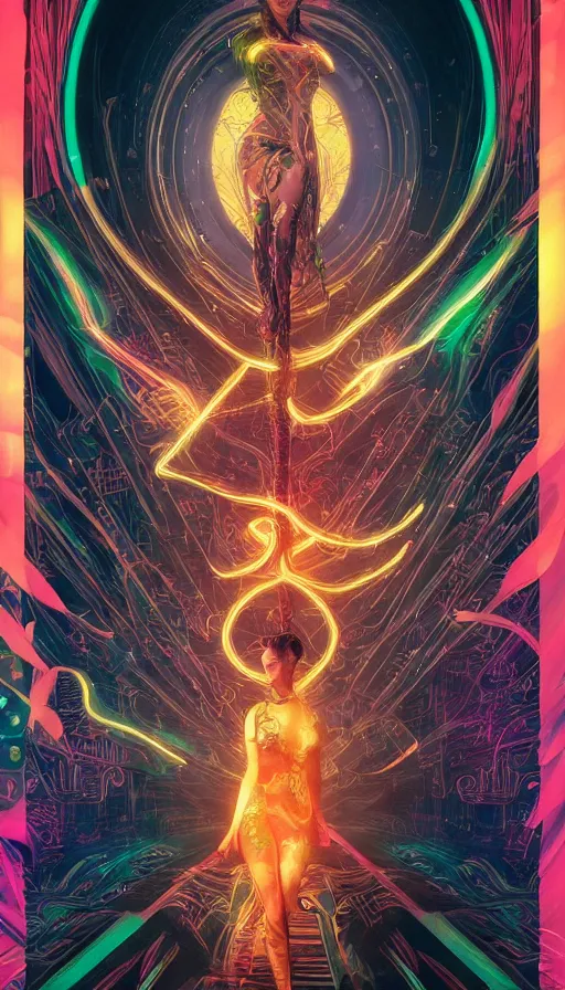 Image similar to tarot card, altered carbon, neon, fool, dreamy vibe, fibonacci, sweat drops, insane intricate, highly detailed, digital painting, artstation, concept art, smooth, sharp focus, illustration, unreal engine 5, 8 k, art by artgerm and greg rutkowski and alphonse mucha