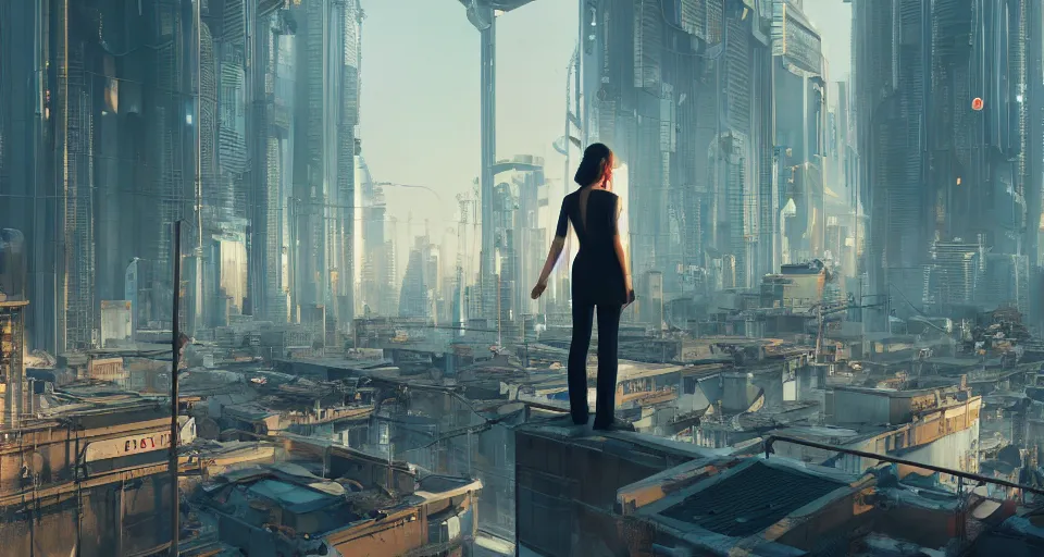 Prompt: woman standing on a rooftop in a cyberpunk city, intricate artwork by tooth wu and wlop and beeple, octane render, hyper realism, 8 k