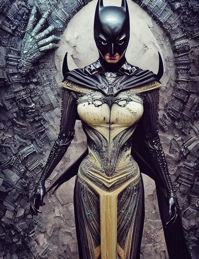 Image similar to 3 d goddess batman, beautiful intricately detailed costume. artwork by giger and dali and beeple and greg rutkowski