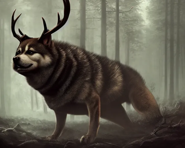 Prompt: 5 5 mm portrait photo of an armored demonic shiba inu with antlers, in a magical forest. dark atmosphere. art by greg rutkowski. highly detailed 8 k. intricate. lifelike. soft light. nikon d 8 5 0.