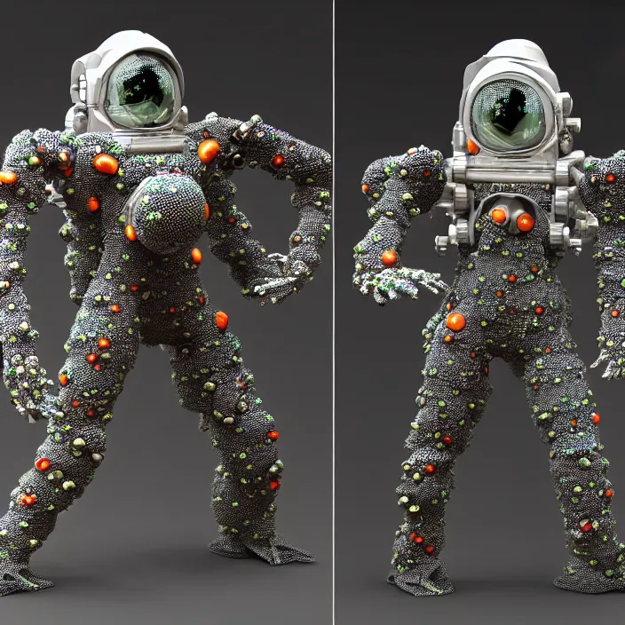 Prompt: a cybernetic symbiosis of a single astronaut mech-organic eva suit made of pearlescent wearing anodized thread knitted shiny ceramic multi colored yarn thread infected with kevlar,ferrofluid drips,carbon fiber,ceramic cracks,gaseous blob materials and diamond 3d fractal lace iridescent bubble 3d skin dotted covered with orb stalks of insectoid compound eye camera lenses orbs floats through the living room, film still from the movie directed by Denis Villeneuve with art direction by Salvador Dalí, wide lens,