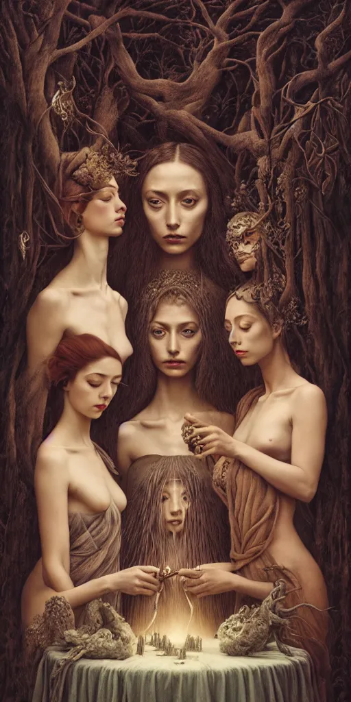 Image similar to the three fates cutting threads with scissors, forest, moonlight, gemma chen, madison beer, angela sarafyan, pinup, intricate beautiful faces, surrealistic painting by agostino arrivabene, artgerm, vanessa beecroft, anka zhuravleva, mary jane ansell, peter mohbacher, gerald brom