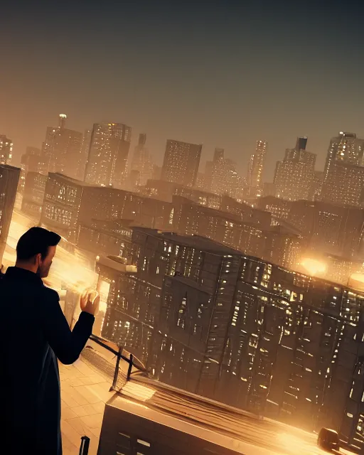 Image similar to a night rooftop scene, close up shot of a photorealistic gangster wearing a trench coat looking at the city below, unreal engine