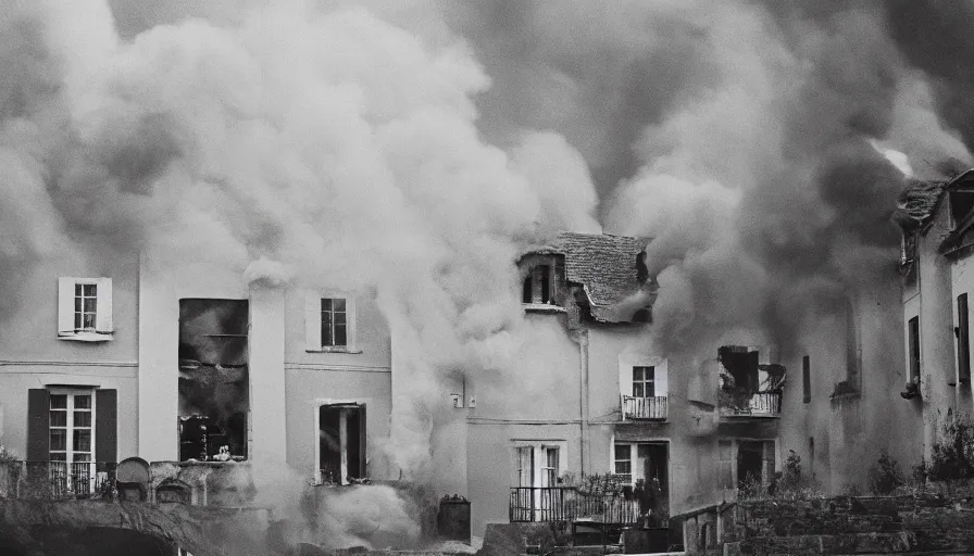 Image similar to 1 9 7 0 s movie still of a french style townhouse who is burning in a small french village, cinestill 8 0 0 t 3 5 mm, heavy grain, high quality, high detail, dramatic light, anamorphic, flares