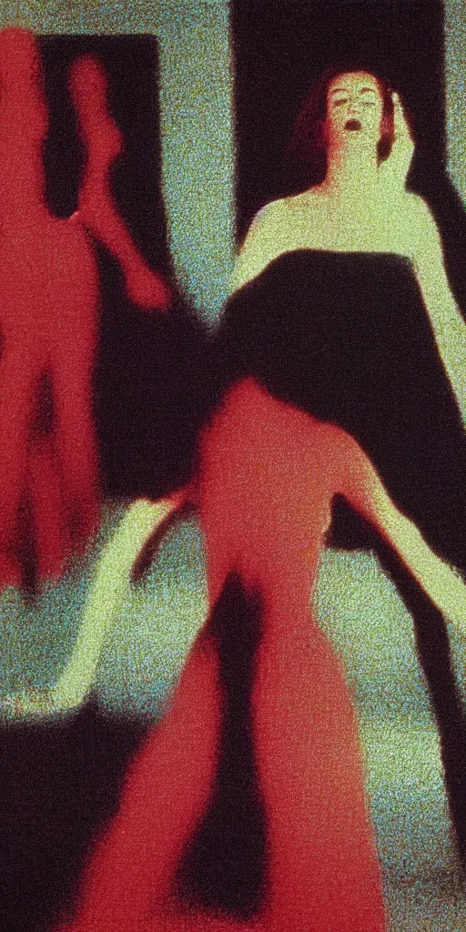 Prompt: a film still of suspiria by dario argento 1 9 7 7 movie, painted by georges seurat, impressionism, grainy blur, low shutter, high quality, detailed, print!