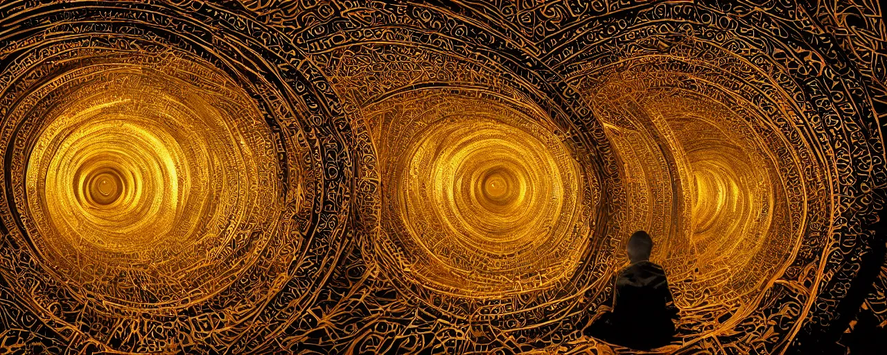 Image similar to vivid illustration of a person choosing between tunnels inside a highly intricate torus with detailed golden ornamentation and golden light, choosing between pathways