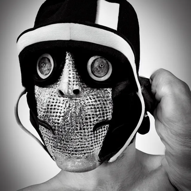 Image similar to a close-up black-and-white studio portrait of Roberto Bolaños Chaves El Chavo del Ocho wearing the MF Doom mask. Madvillain album cover