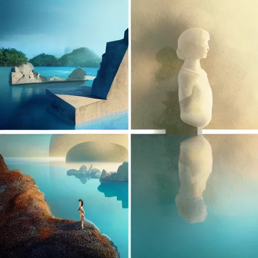 Image similar to Filip Hodas, minimalistic, hyperrealistic surrealism, award winning masterpiece with incredible details, epic stunning, infinity pool, a surreal vaporwave liminal space, highly detailed, trending on ArtStation, artgerm and greg rutkowski and alphonse mucha, daily deviation, IAMAG, broken giant marble head statue ruins, golden hour