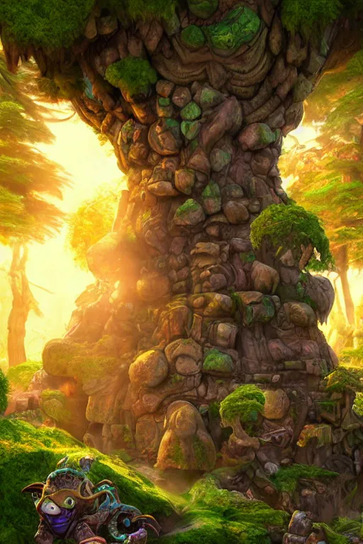 Image similar to zelda fantasy art giant golem troll wood rock greeble gemstone enchanted forest, global illumination ray tracing hdr fanart arstation by sung choi and eric pfeiffer and gabriel garza and casper konefal bastion forged hardmesh lisa frank zbrush central radiating a glowing aura global illumination ray tracing hdr