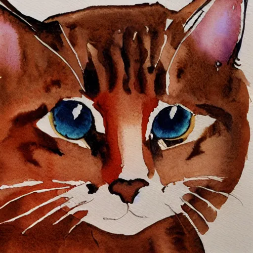 Image similar to simple watercolor painting of an entirely brown cat, light brush strokes,