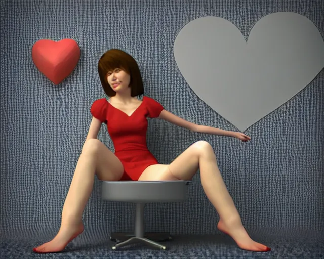 Prompt: a woman sitting on a desk with a heart shaped object in her lap, computer graphics by Minerva J. Chapman, polycount, net art, daz3d, 3d, rendered in maya