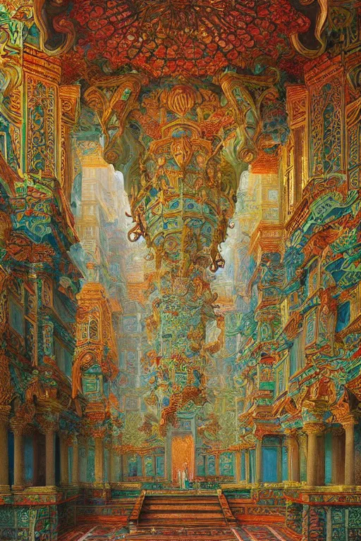 Prompt: glorious painted temple of the forest, by Sylvain Sarrailh and Ludwig Deutsch and Rudolf Ernst and edmund dulac, dramatic cinematic lighting , beautiful colorful tilework, ornate architecture, smooth, sharp focus, extremely detailed