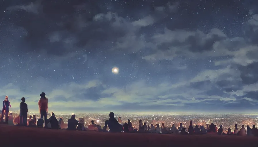 Image similar to people sitting on a hill watching chicago at night. the sky had stars and a full moon. hyperdetailed, artstation, cgsociety, 8 k