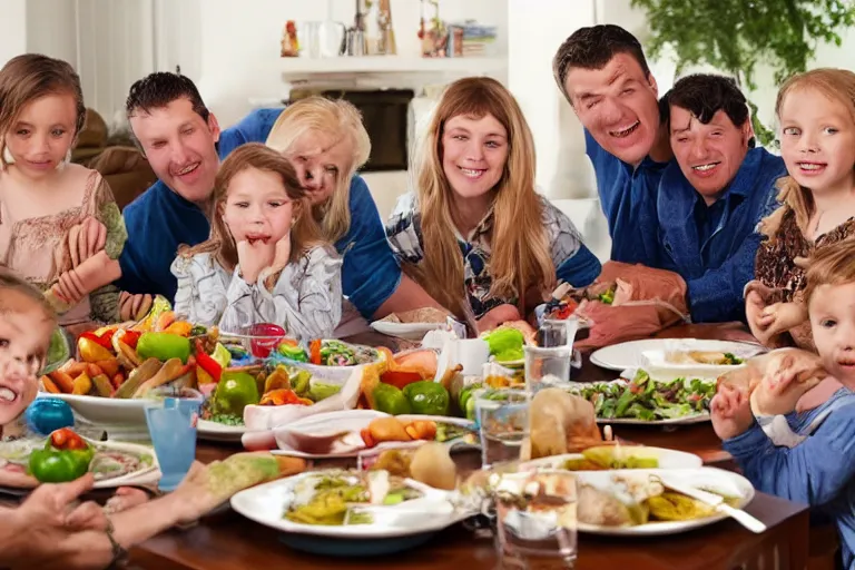 Prompt: an image of a large traditional family sitting around the table for dinner but one of the kids is floating above the table, perfect faces