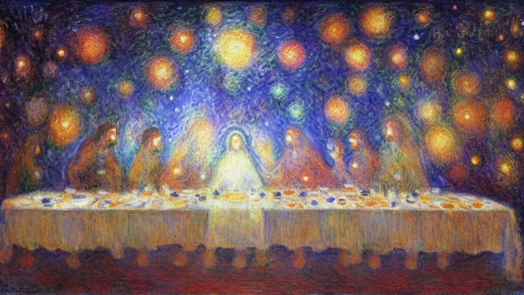 Image similar to the last supper claude monet, space, stars, nebula explosion, milky way, galaxy, galactic, digital art.