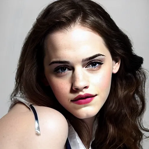 Image similar to a woman who is a genetic combination of kat dennings and emma watson face and upper - body focus