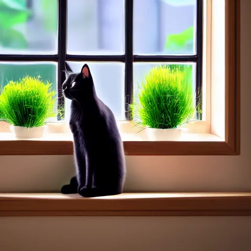 Image similar to peaceful dreamy painting of a content black cat sitting by a window, sunshine coming through the window, small plants on the window sill, 4k resolution, highly detailed