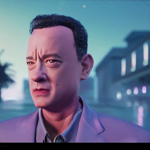 Prompt: a highly detailed matte portrait of tom hanks as a sam fischer, spy novel by tom clancy, unreal engine, volumetric lighting, exquisite detail, 8 k, in a vaporwave and aetherpunk style