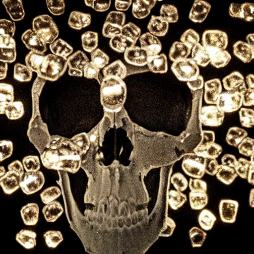 Image similar to a skull made out of broken mirrors, reflecting light in a nightclub, grainy film still