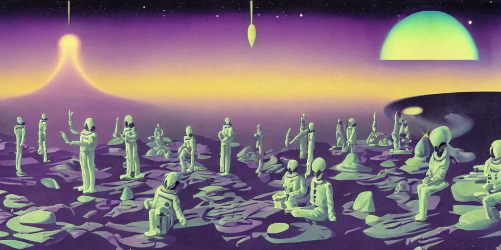 Image similar to surreal painting by chesley bonestell!!, twelve astronauts sitting by the river with a big holiday cake + psychedelic vegetation + purple, pink, blue + planets and stars + mystical fog, vintage sci - fi style of the 5 0 s, rule of the third!!!!, line graphics, 8 k, super detail, high quality