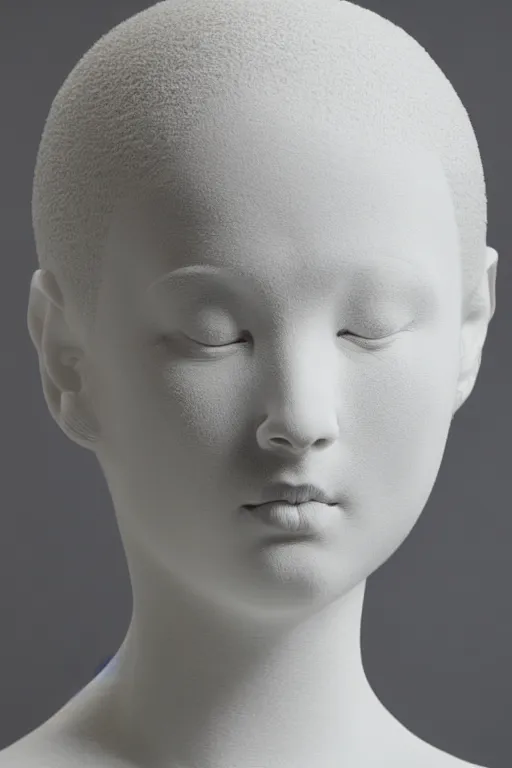 Image similar to full head and shoulders, beautiful female porcelain sculpture by daniel arsham and raoul marks, smooth, all white features on a white background, delicate facial features, white eyes, white lashes, the heads are twisted around geometrically