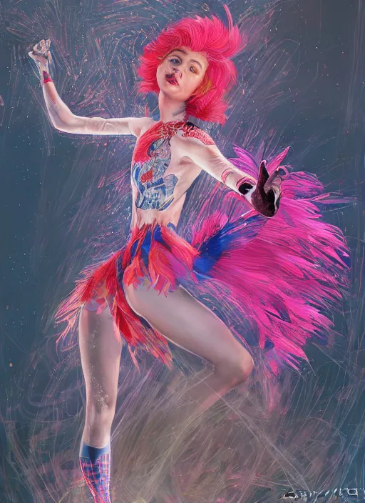 Image similar to spiderman with an pink eccentric haircut wearing an dress made of feathers dancing on stage, artwork made by ilya kuvshinov, inspired in donato giancola, hd, ultra realistic, reflection, flowers, light, realistic face, bird tattoo, trending on pixiv, 8 k, ray tracing, glorious