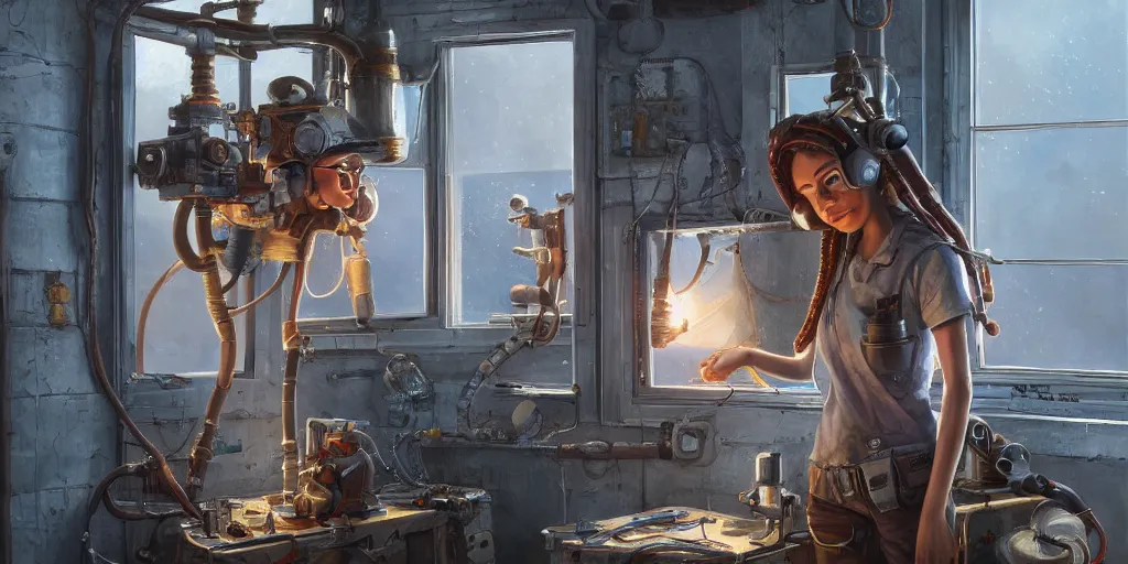 Image similar to highly detailed portrait painting of welder girl, room mono window, by eddie mendoza and tyler edlin, 8 k resolution