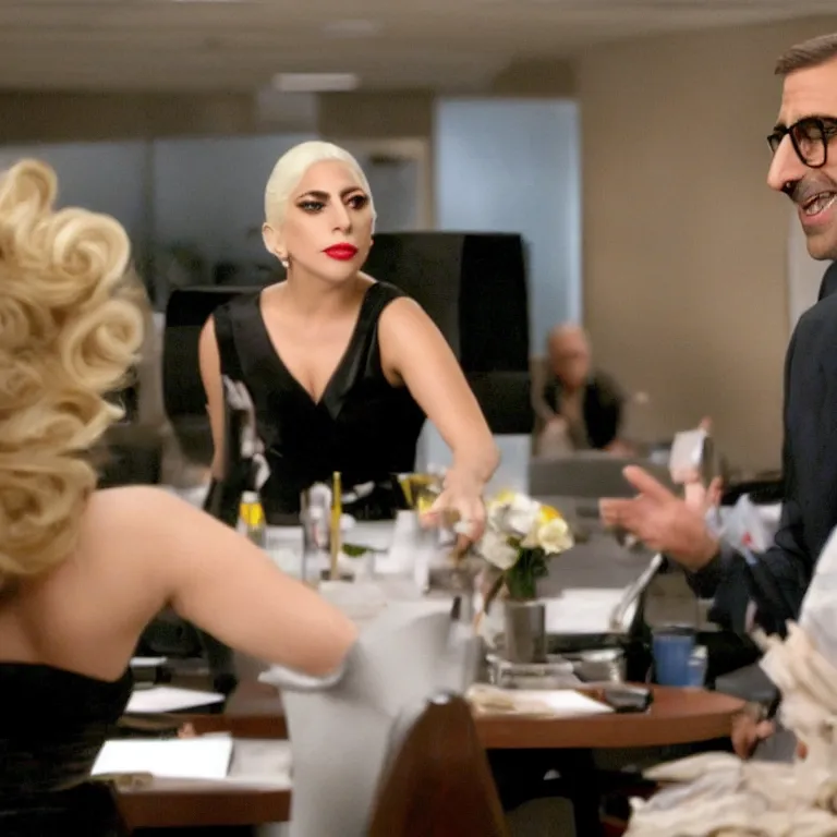 Prompt: confused lady gaga looking at the camera while young steve carell smiles behind her, from the office ( 2 0 0 5 ), detailed background, uhd, low light, cinematic, realistic, clear face, clear eyes.