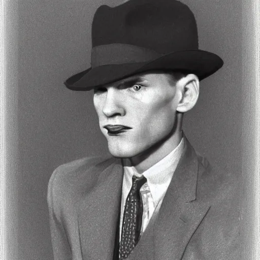 Image similar to A photograph portrait of Jerma985 wearing a suit with and fedora in the 1940s, taken in the early 1940s, grainy, taken on a 940s Kodak Camera, realistic, hyperrealistic, very realistic, highly detailed, very detailed, extremely detailed, detailed, digital art, trending on artstation