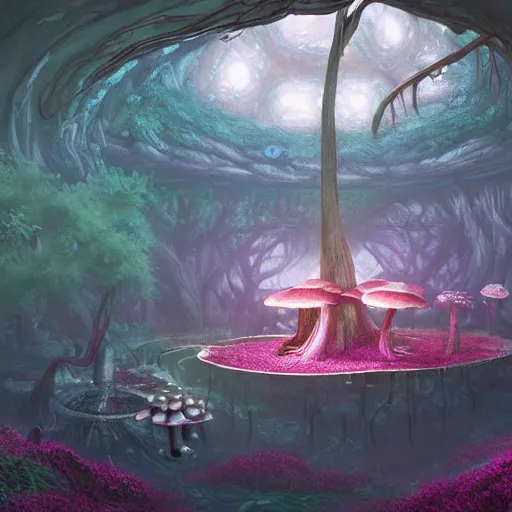 Image similar to concept art painting of a interior of a fungal circular alien fantasy fairytale house made of mushrooms, with black vines, realistic, detailed, cel shaded, magenta and gray, dark, in the style of makoto shinkai and greg rutkowski and james gurney