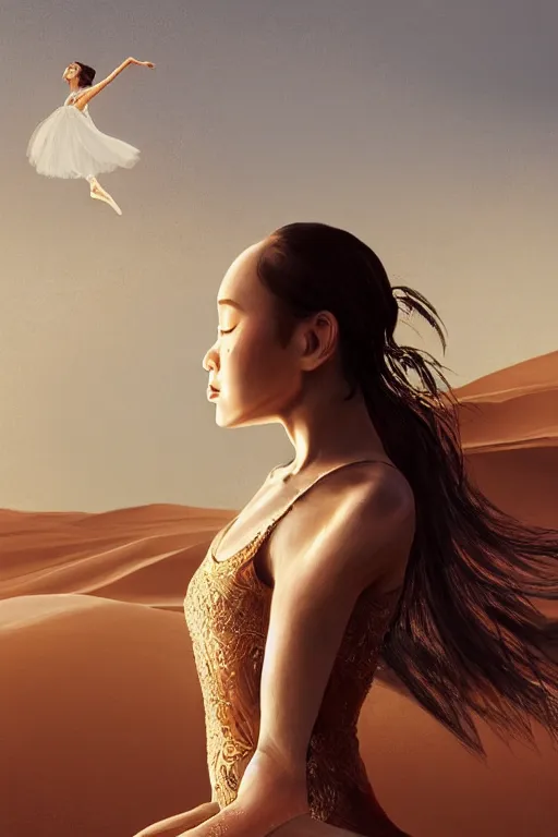 Image similar to stunningly beautiful, filipina prima ballerina in desert, symmetrical face, golden hour, smooth, focus, highly detailed, hyper realistic, dramatic lighting, elegant, intricate, concept art, low angle, art by wlop, mars ravelo, greg rutowski, artstation