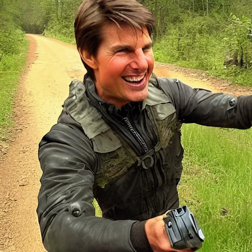 Prompt: trail cam footage of Tom cruise looking at the camera, foaming at the mouth