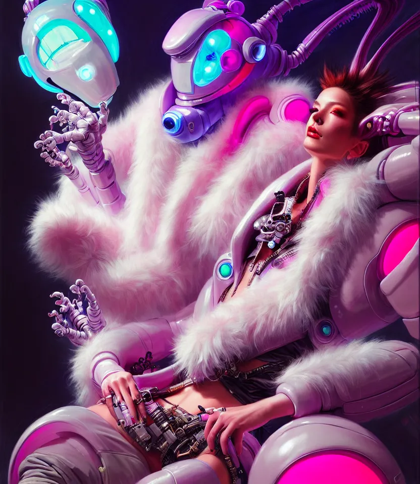 Prompt: beautiful fantasy character portrait, wearing neon technicolor puffy bomber jacket with white fur, seductive reclining pose, futuristic robots sitting, ultra realistic, dramatic lighting, robots, the fifth element artifacts, highly detailed by peter mohrbacher, hajime sorayama, wayne barlowe, boris vallejo, aaron horkey, gaston bussiere, craig mullins