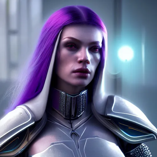 Prompt: an ultra realistic, cinematic, close up portrait, of a pale woman in sci - fi bionic crystal armor with purple ponytail, stoic, sylvanas windrunner, soft light, dreamy, facial features, detailed, deep focus, movie still, dramatic lighting, ray tracing, by michal karcz and yoshitaka