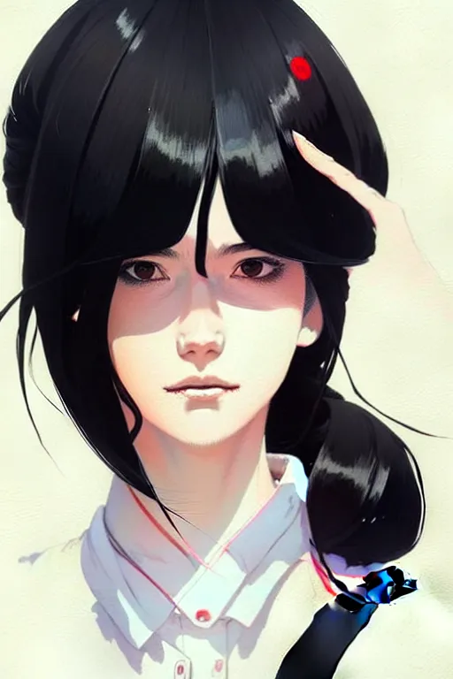 Image similar to a ultradetailed beautiful panting of a stylish woman wearing a japanese school uniform, she has black hair, by conrad roset, greg rutkowski and makoto shinkai, trending on artstation