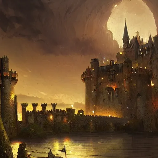 Image similar to a beautiful medieval castle at night, during a siege, in anime style highly detailed by Raphael Lacoste, greg rutkowski, makoto shinkai