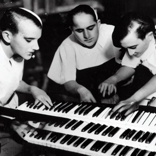 Prompt: penguins building a yamaha keyboard, 1930