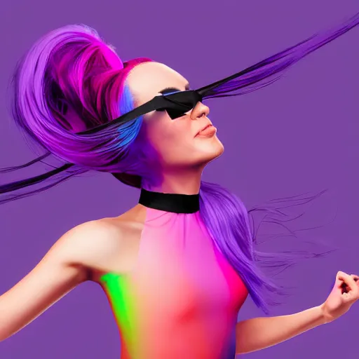 Image similar to a award winning action upper body portrait of a beautiful woman with a ombre purple pink hairstyle with head in motion and hair flying, choker, outrun, vaporware, vivid colors, highly detailed, fine detail, intricate