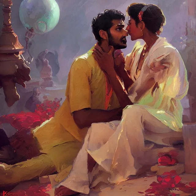 Image similar to paiting of a tamil man and alien love story, portrait, elegant, intricate, digital painting, artstation, concept art, smooth, sharp focus, illustration, art by konstantin korovin and daniel f. gerhartz and john howe