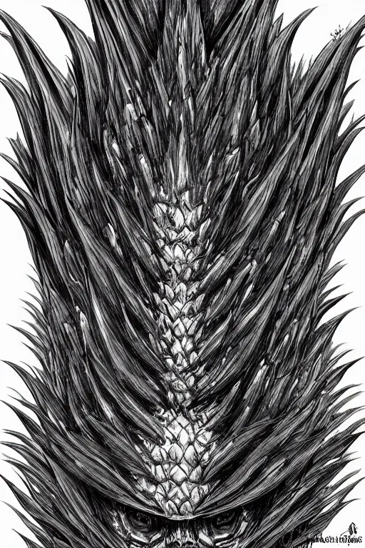 Image similar to pineapple humanoid figure monster, symmetrical, highly detailed, digital art, sharp focus, trending on art station, kentaro miura manga art style