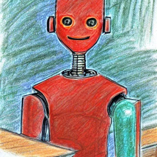 Prompt: humanoid robot testifying on stand in courtroom, courtroom sketch, messy color pencil sketch, droid