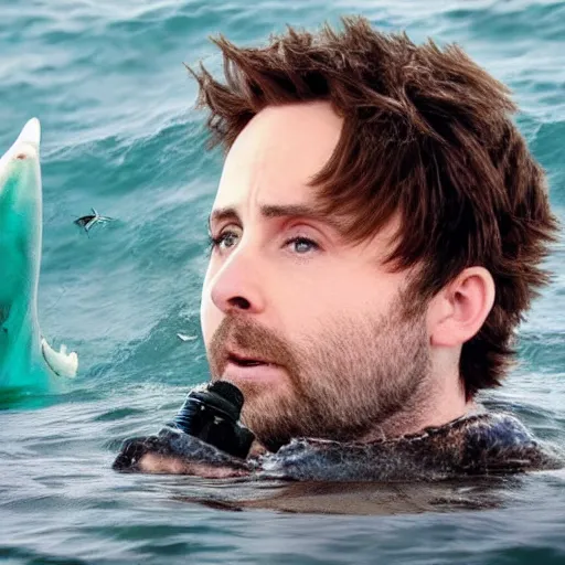 Image similar to Charlie Day from IASIP being eaten by a shark in the ocean.