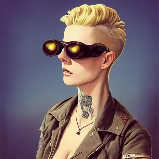 Image similar to tattooed stoic heroic emotionless butch blonde woman aviator with short slicked - back hair, wearing dark - lensed victorian goggles, wearing distressed dirty ripped flight suit, moebius, rough paper, behance hd by jesper ejsing, by rhads, makoto shinkai and lois van baarle, ilya kuvshinov, rossdraws global illumination.