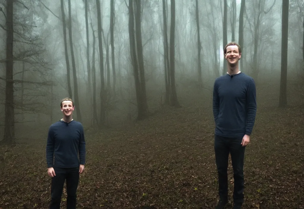 Image similar to low quality iphone photo of mark zuckerberg standing ominously deep in the foggy woods with a demonic smile in his face, low visibility creepy, grainy, trail cam footage