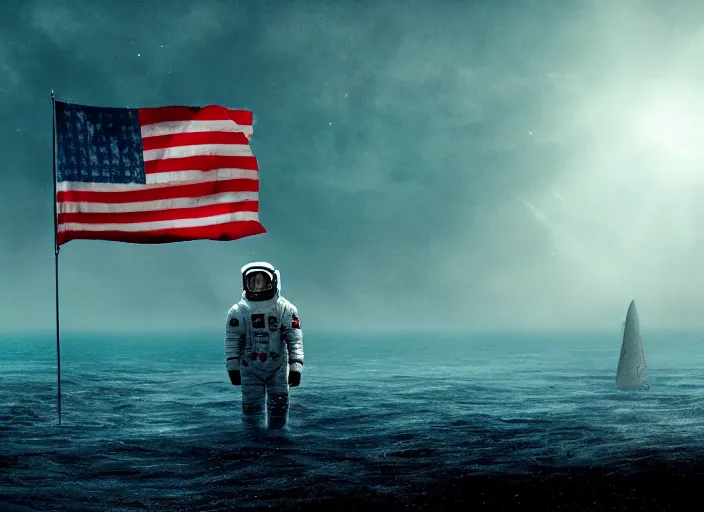 Image similar to astronaut holding a flag in an underwater desert. a submarine is visible in the distance. dark, concept art, cinematic, dramatic, atmospheric, 8 k, trending on artstation, blue, fish, low visibility, fog, ocean floor, christopher nolan, interstellar