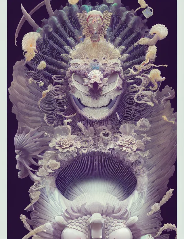 Image similar to 3 d goddess close - up frontal portrait with ram skull. beautiful intricately detailed japanese crow kitsune mask and clasical japanese kimono. betta fish, jellyfish phoenix, bio luminescent, plasma, ice, water, wind, creature, artwork by tooth wu and wlop and beeple and greg rutkowski