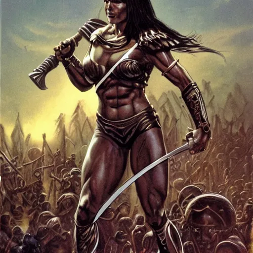 Prompt: a muscular bronze - skinned silver - eyed black - haired woman warrior wearing xena armor, holding a sword aloft, in a crowded alien arena on a hostile planet, highly detailed, ron cobb, moebius, heavy metal magazine, mike mignola, trending on art station, illustration, comic book