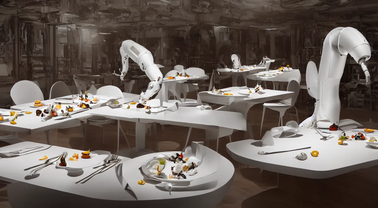 Image similar to three large white glossy kuka industrial robot arms on the floor around a dinner table, the kuka industrial robot arms are wearing bow ties, the table is full of food, they are having dinner inside a fine dining restaurant with mid century modern furniture and decor, global illumination, artstation, fantasy