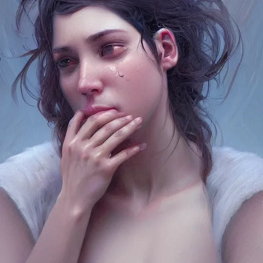 Prompt: a beautiful crying woman with tears, highly detailed, digital painting, artstation, concept art, smooth, sharp, focus, illustration, art by artgerm and greg rutkowski and alphonse mucha
