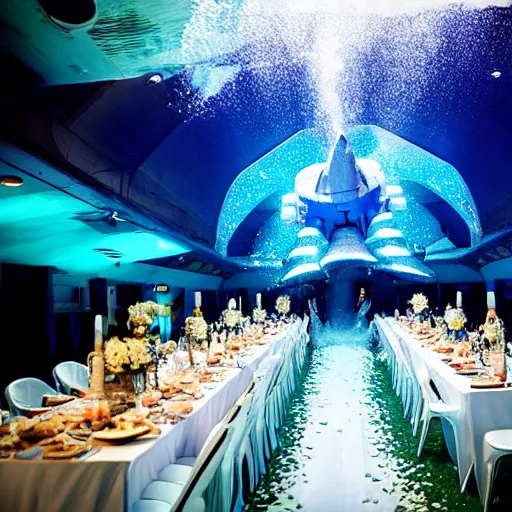 Prompt: underwater wedding reception gets destroyed by spaceship shaped as a banana